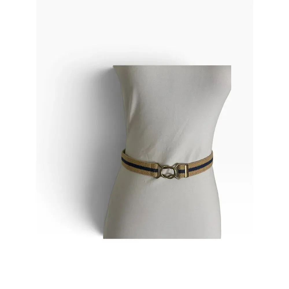 Vintage 80s Preppy Khaki Navy Stripe Stretch Belt Brass Buckle S/M